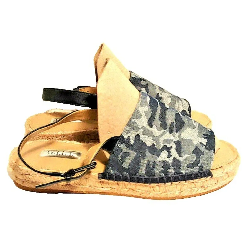 GILI Espadrille Women's Size 9M Sandal Ankle Strap Summer Black Gray Camo Shoe